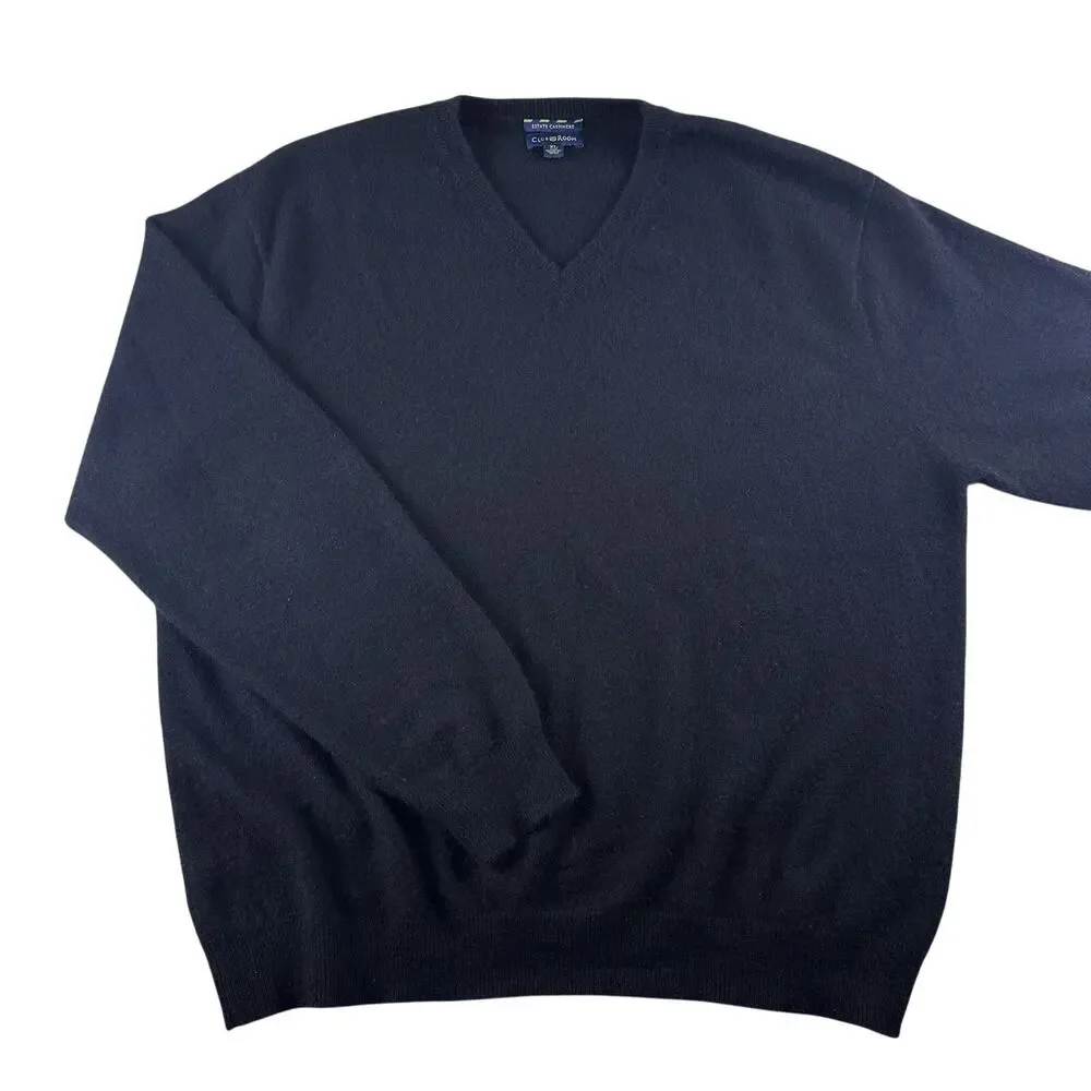 Club Room Mens XL 100% Estate Cashmere V-Neck Sweater Pullover Black‎
